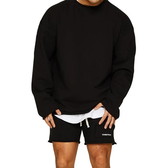 Men's Fashion Solid Color Loose Rolled Sweatshirt Shorts Set