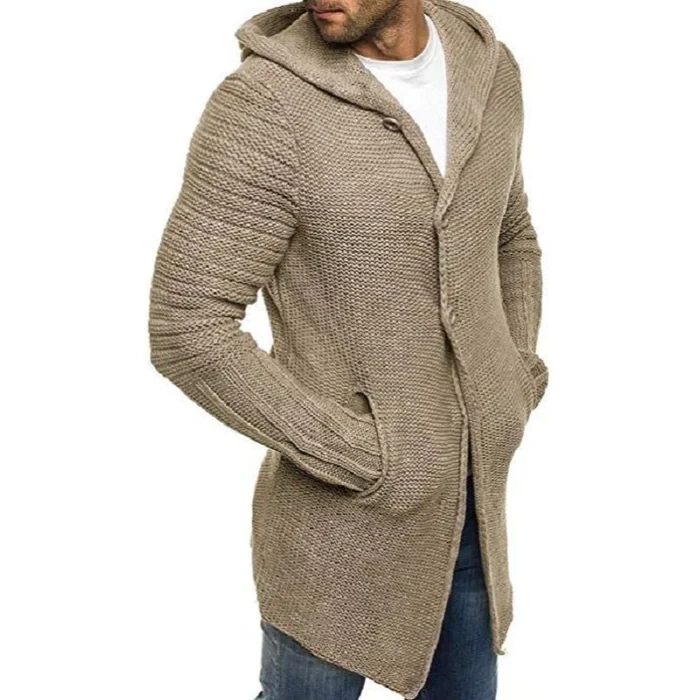 Men's hooded long sleeve mid length knit cardigan