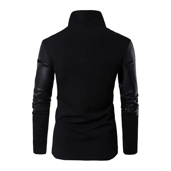 Men's Casual Stand Collar Slim Knit Leather Panel Jacket