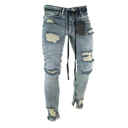 Men's Ripped Zipper Biker Jeans