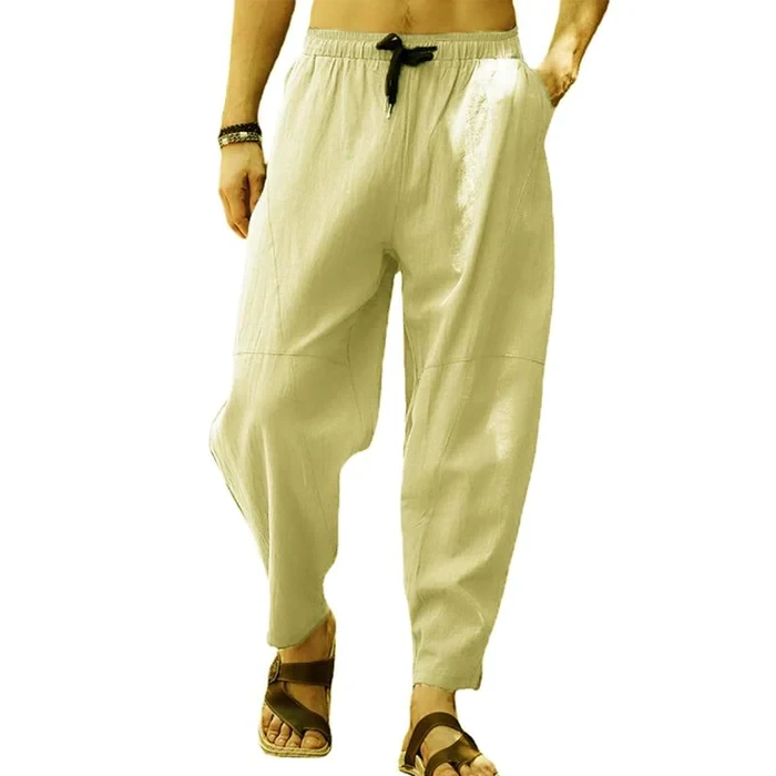 Men's Loose Cotton Linen Solid Color Drawstring Pants