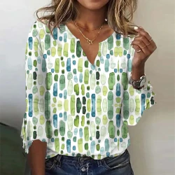 Green Geometric Watercolor Print Notched ¾ Sleeve Top
