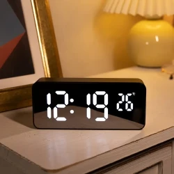 LED Mirror Digital Alarm Clock, Modern Desk Clock With Temperature Display, Adjustable Brightness