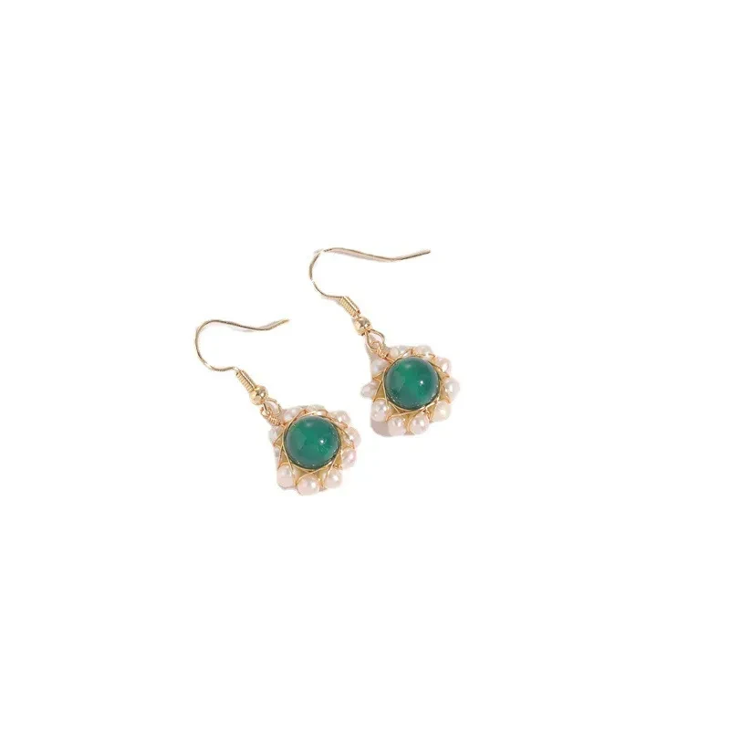 Hand-wound Water Pearl Earrings Natural Stone Emerald Green