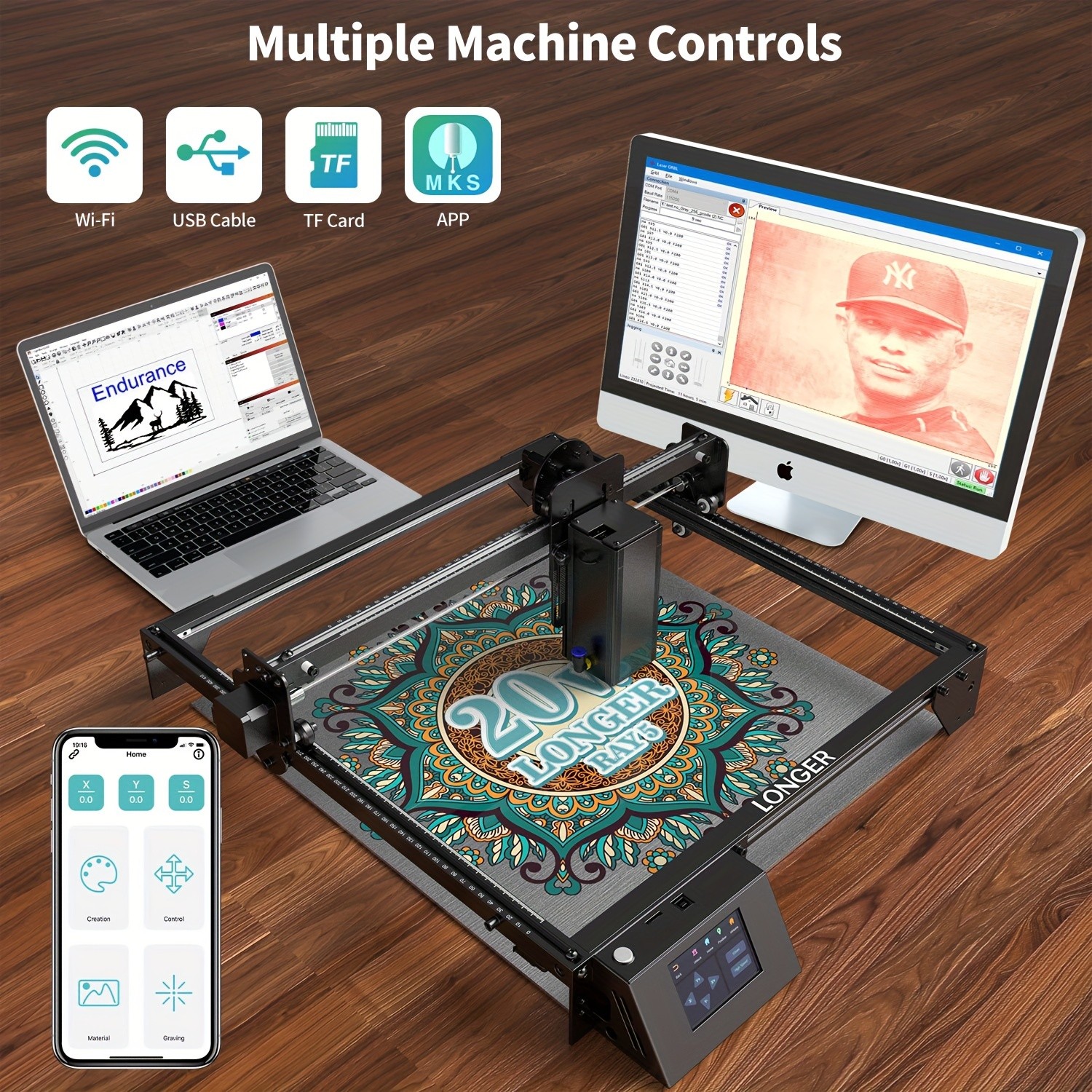 Longer RAY5 Laser Engraver – 20000mW Output Power, 3.5" Touch Screen, APP Offline Control, DIY Engraver Tool for Metal, Glass, Wood, Engraving Area 15.75"x14.37"
