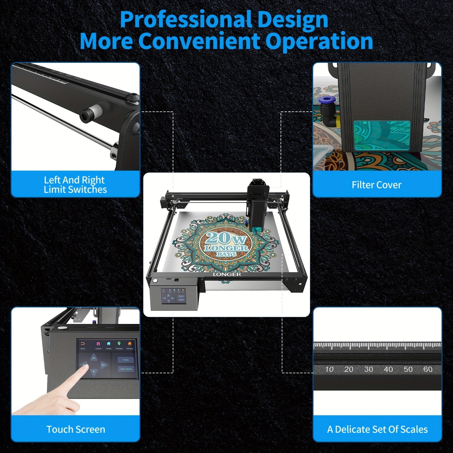 Longer RAY5 Laser Engraver – 20000mW Output Power, 3.5" Touch Screen, APP Offline Control, DIY Engraver Tool for Metal, Glass, Wood, Engraving Area 15.75"x14.37"