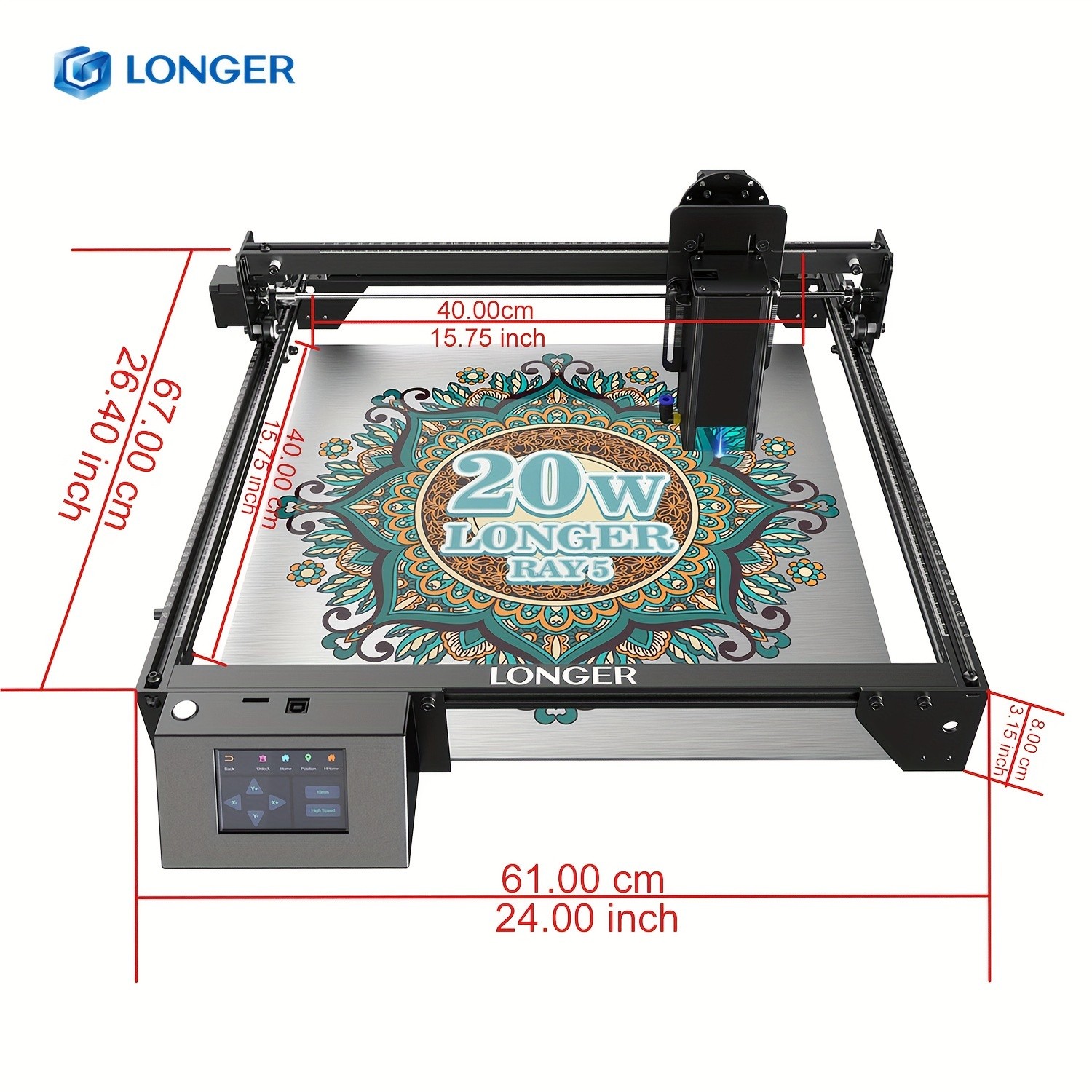 Longer RAY5 Laser Engraver – 20000mW Output Power, 3.5" Touch Screen, APP Offline Control, DIY Engraver Tool for Metal, Glass, Wood, Engraving Area 15.75"x14.37"