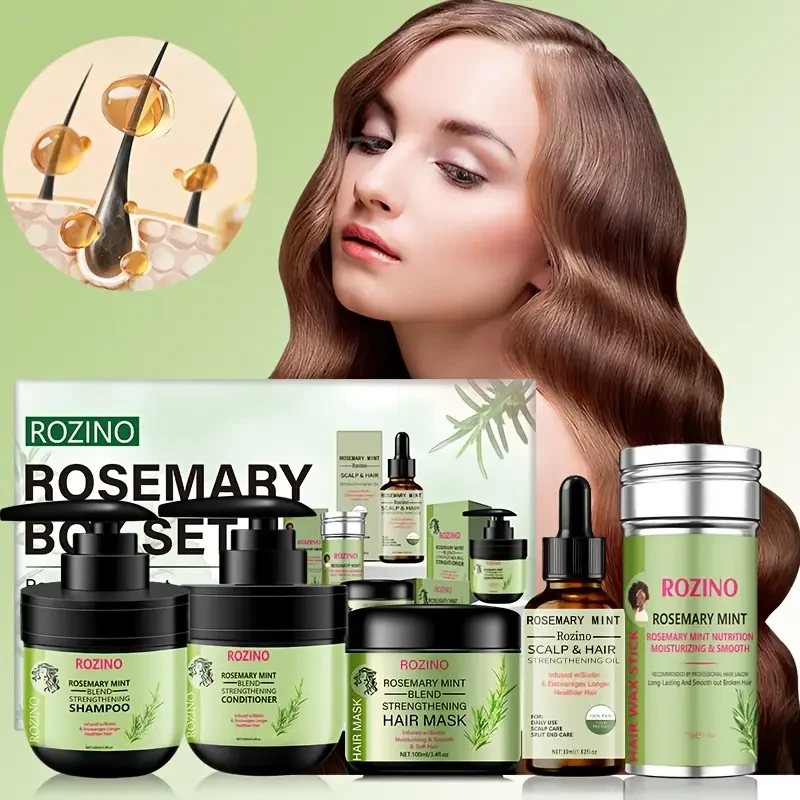 The gift box contains shampoo, conditioner, hair mask, hair oil, and hair wax stick