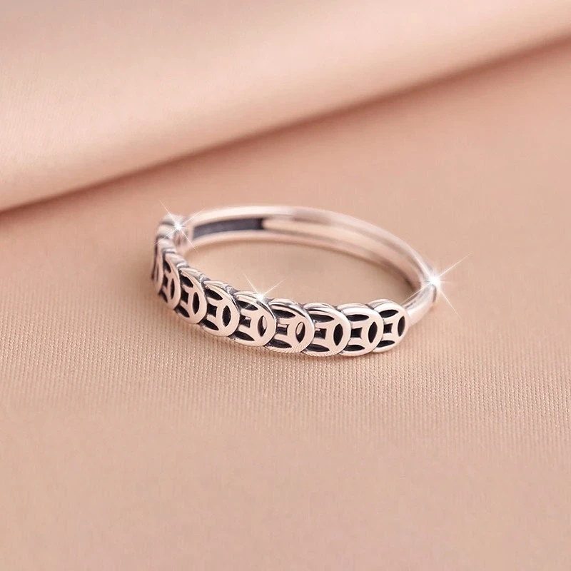 S925 Sterling Silver Retro Coin Ring for Women – Lucky Money Coin Design, Simple Niche, Open Luck Ring, Classic Style for Daily & Gift-Giving Occasions