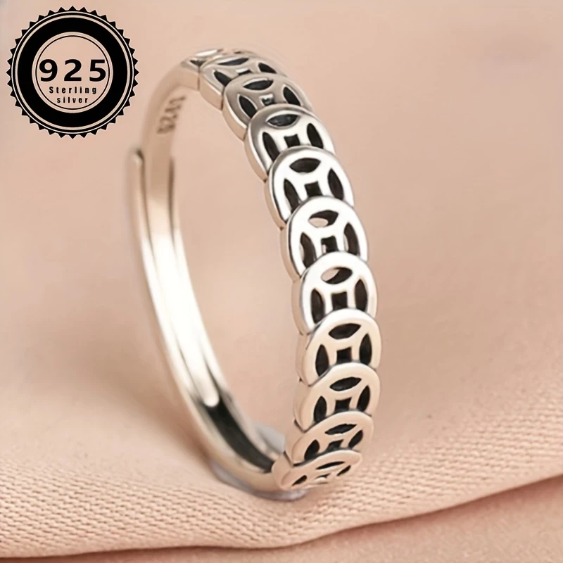 S925 Sterling Silver Retro Coin Ring for Women – Lucky Money Coin Design, Simple Niche, Open Luck Ring, Classic Style for Daily & Gift-Giving Occasions