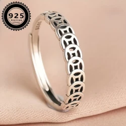 S925 Sterling Silver Retro Coin Ring for Women – Lucky Money Coin Design, Simple Niche, Open Luck Ring, Classic Style for Daily & Gift-Giving Occasions