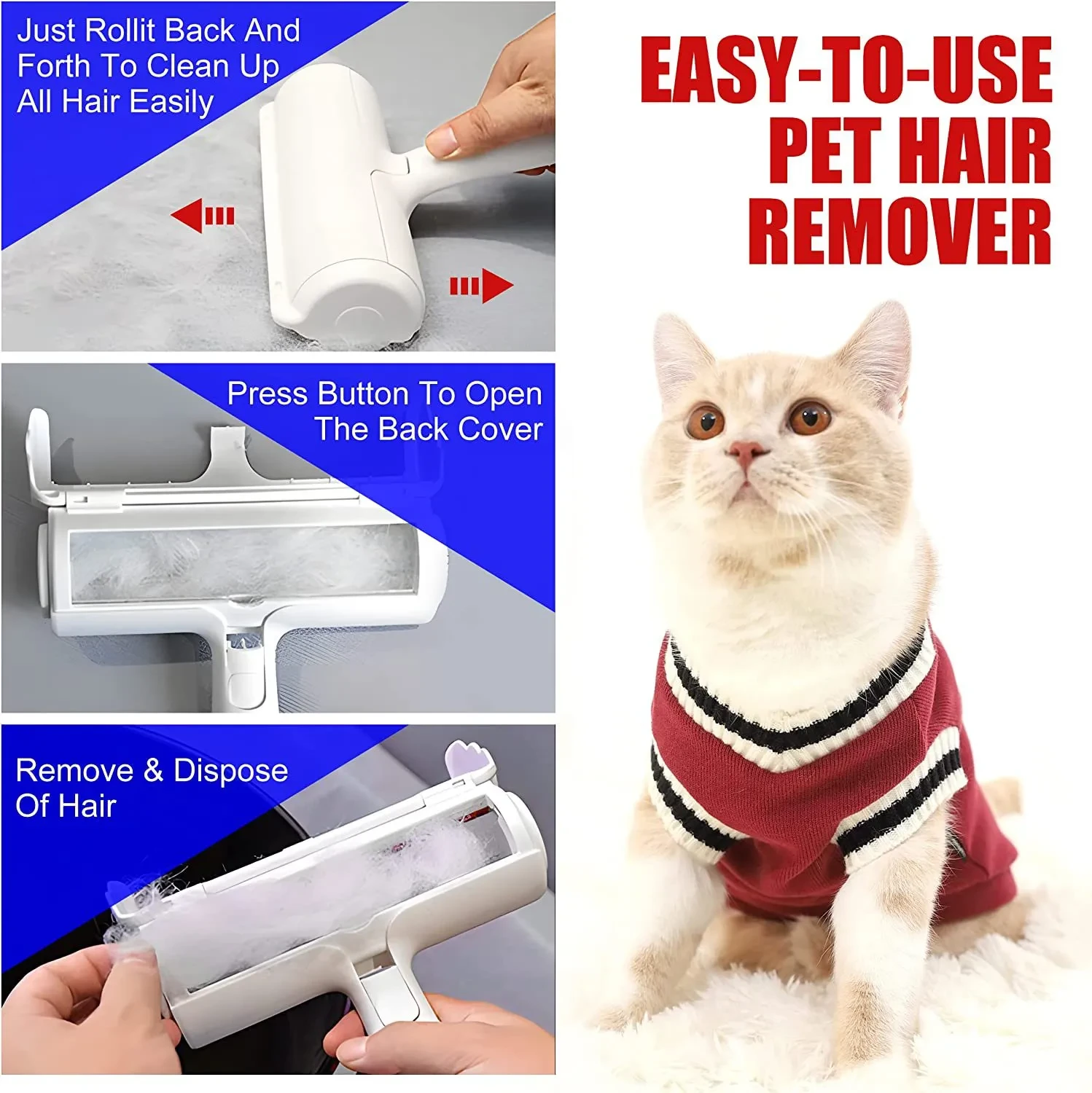 Catzon Pet Hair Remover Roller Dog & Cat Fur Remover with Self-Cleaning Base Hair Removal Tool