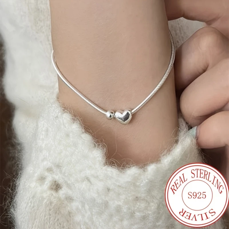 Elegant 925 Sterling Silver Love Heart Snake Bone Bracelet - Ideal for Birthdays, Weddings, Family & Holiday Gifts, Perfect for Mother’s Day, Independence Day, Easter, Ramadan