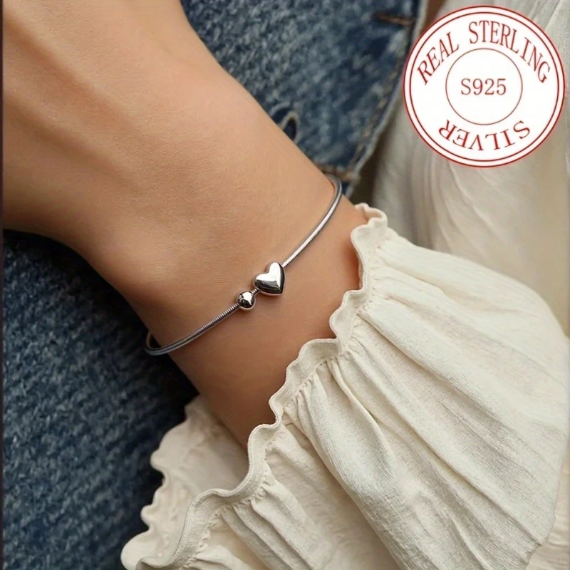 Elegant 925 Sterling Silver Love Heart Snake Bone Bracelet - Ideal for Birthdays, Weddings, Family & Holiday Gifts, Perfect for Mother’s Day, Independence Day, Easter, Ramadan