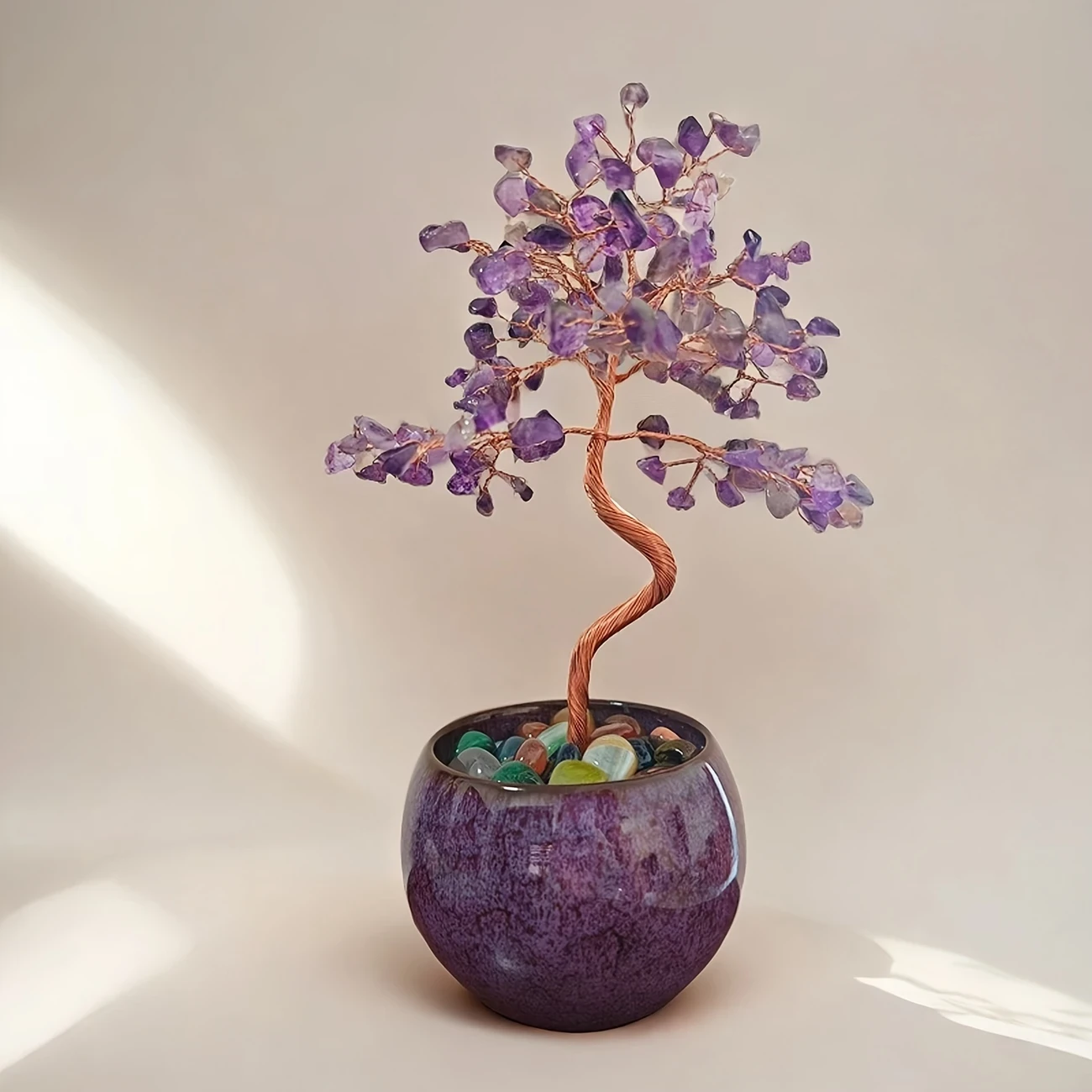 Elegant Pink Quartz, Aquamarine, Amethyst, Citrine Crystal Tree with Ceramic Base – Colorful Faux Gemstone Desktop Ornament, Ideal for Mother’s Day or Birthday Gift