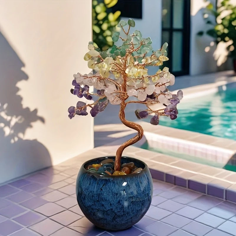 Elegant Pink Quartz, Aquamarine, Amethyst, Citrine Crystal Tree with Ceramic Base – Colorful Faux Gemstone Desktop Ornament, Ideal for Mother’s Day or Birthday Gift
