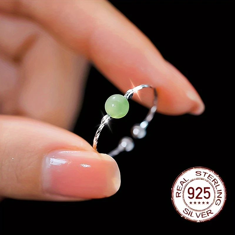 Vintage Classic Imitation Jade Bead Cuff Ring - 925 Sterling Silver, Hypoallergenic Open Band, Adjustable Size for Daily Wear & Gifting