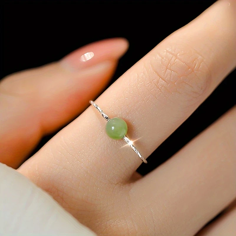 Vintage Classic Imitation Jade Bead Cuff Ring - 925 Sterling Silver, Hypoallergenic Open Band, Adjustable Size for Daily Wear & Gifting