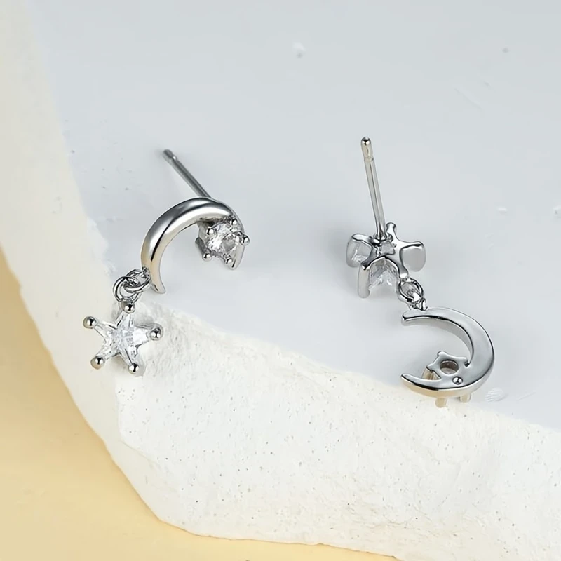 Elegant Minimalist Silvery Moon and Star Drop Earrings with Sparkling Cubic Zirconia – Copper Jewelry, Perfect Gift for Women, Suitable for Ramadan