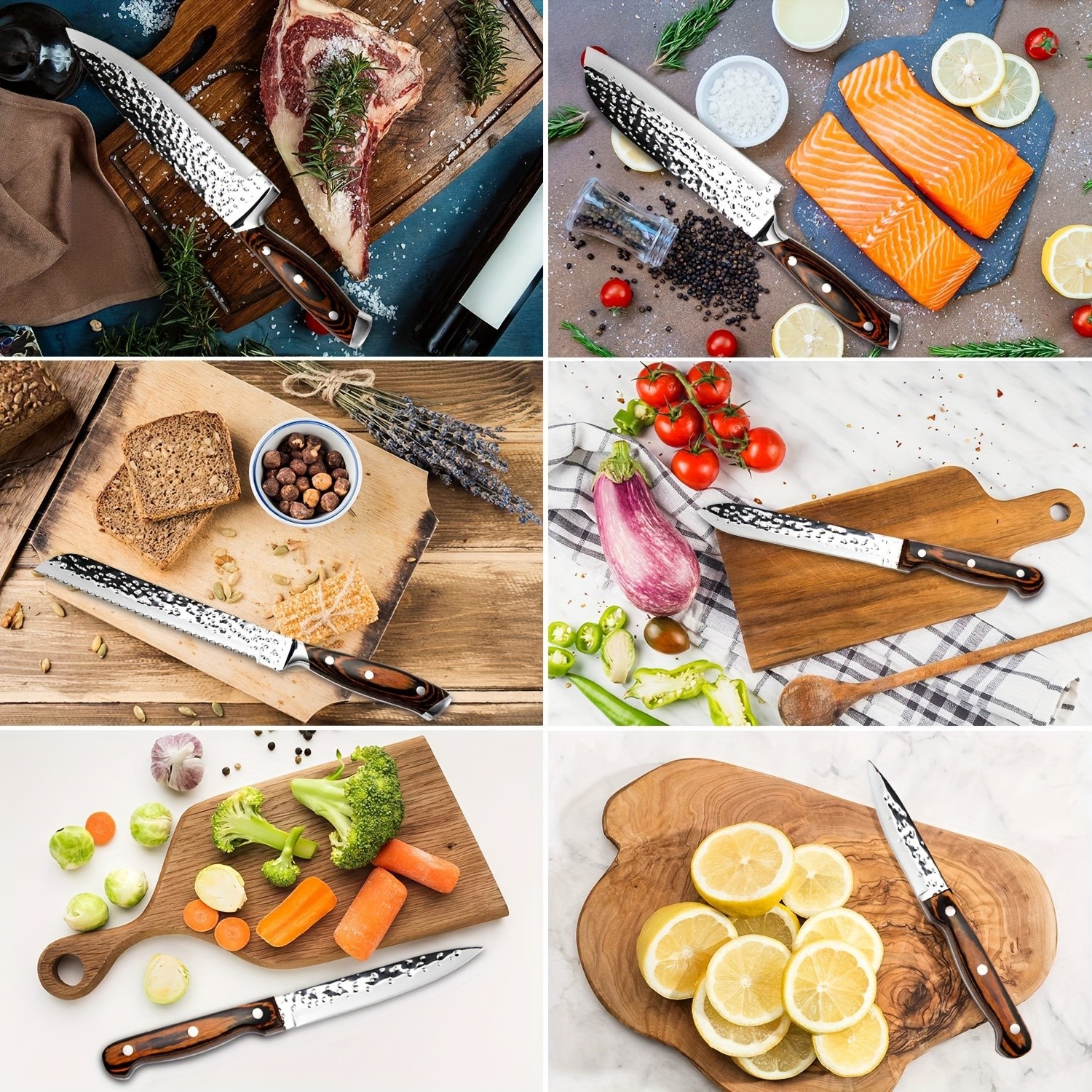 15-Piece Kitchen Knife Set with Wooden Block – Self-Sharpening Chef Knife Set, High Carbon Japanese Stainless Steel, Hammered Collection, Includes Steak Knives, Boxed Knife Set