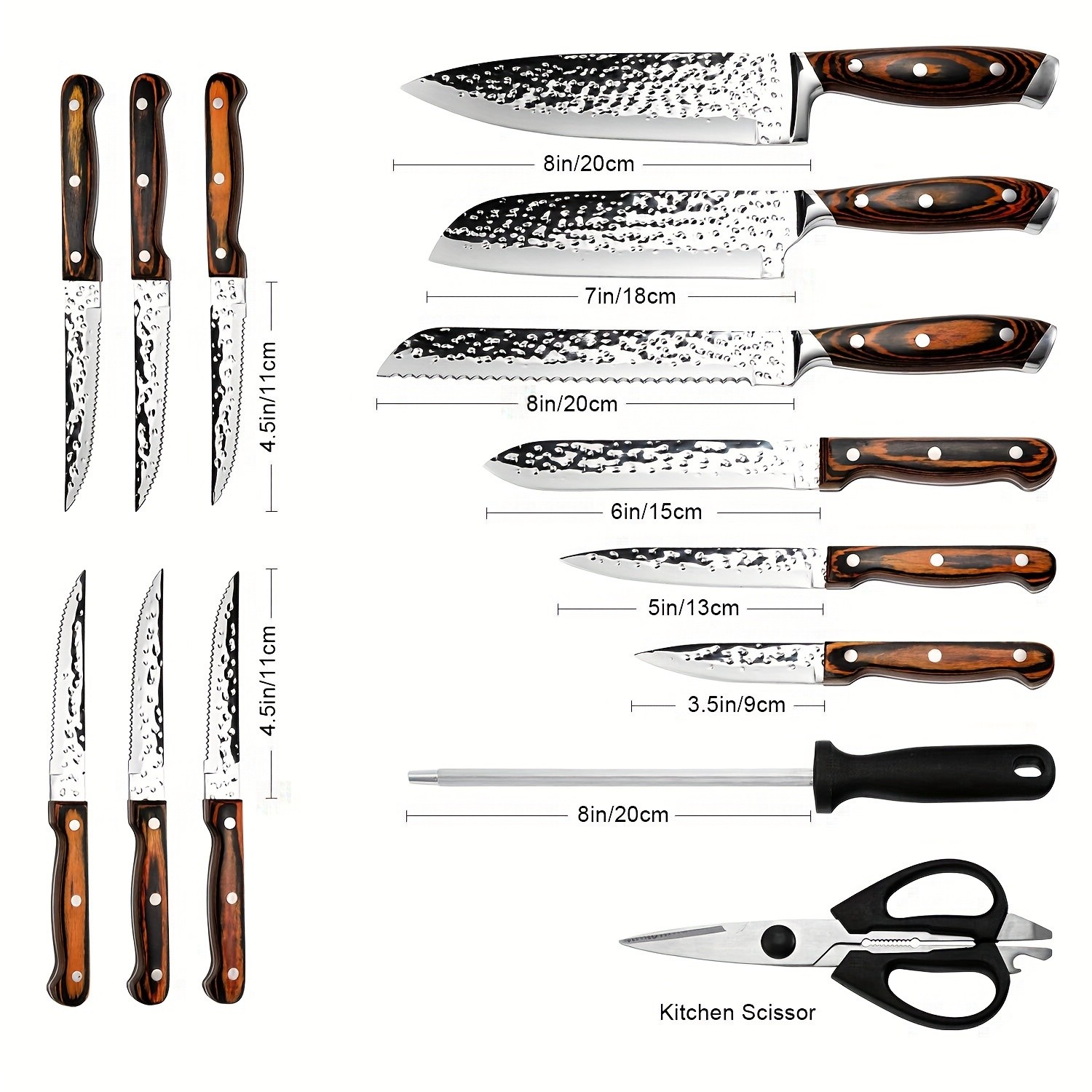 15-Piece Kitchen Knife Set with Wooden Block – Self-Sharpening Chef Knife Set, High Carbon Japanese Stainless Steel, Hammered Collection, Includes Steak Knives, Boxed Knife Set