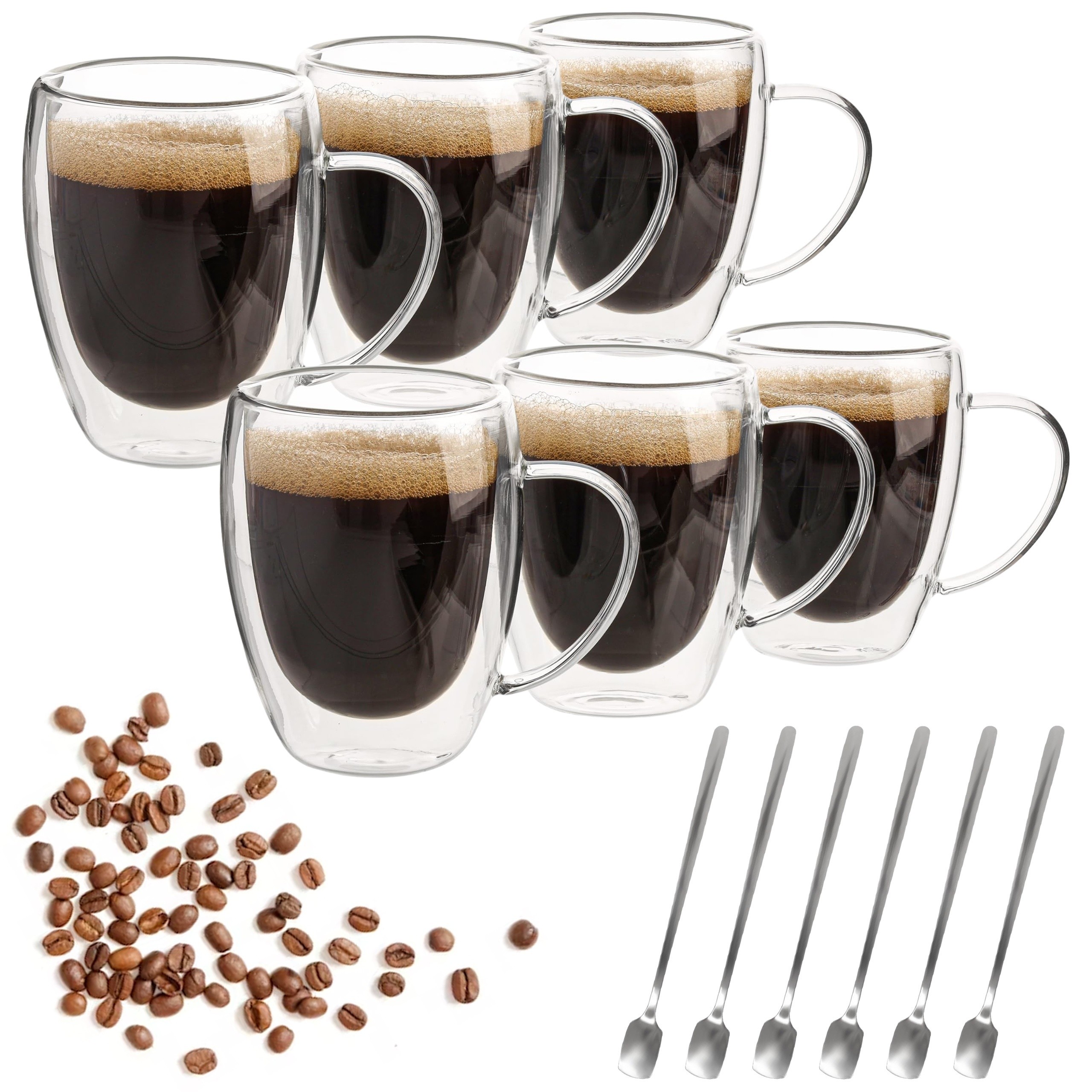 6pcs Double Walled Glass Cups with Spoons – Clear Espresso Coffee Tea Mugs, Insulated Heat-Resistant Beverage Cups, 350ml/12oz, Perfect for Coffee, Tea, Cappuccino & Lattes, Drinkware for Restaurants and Cafes