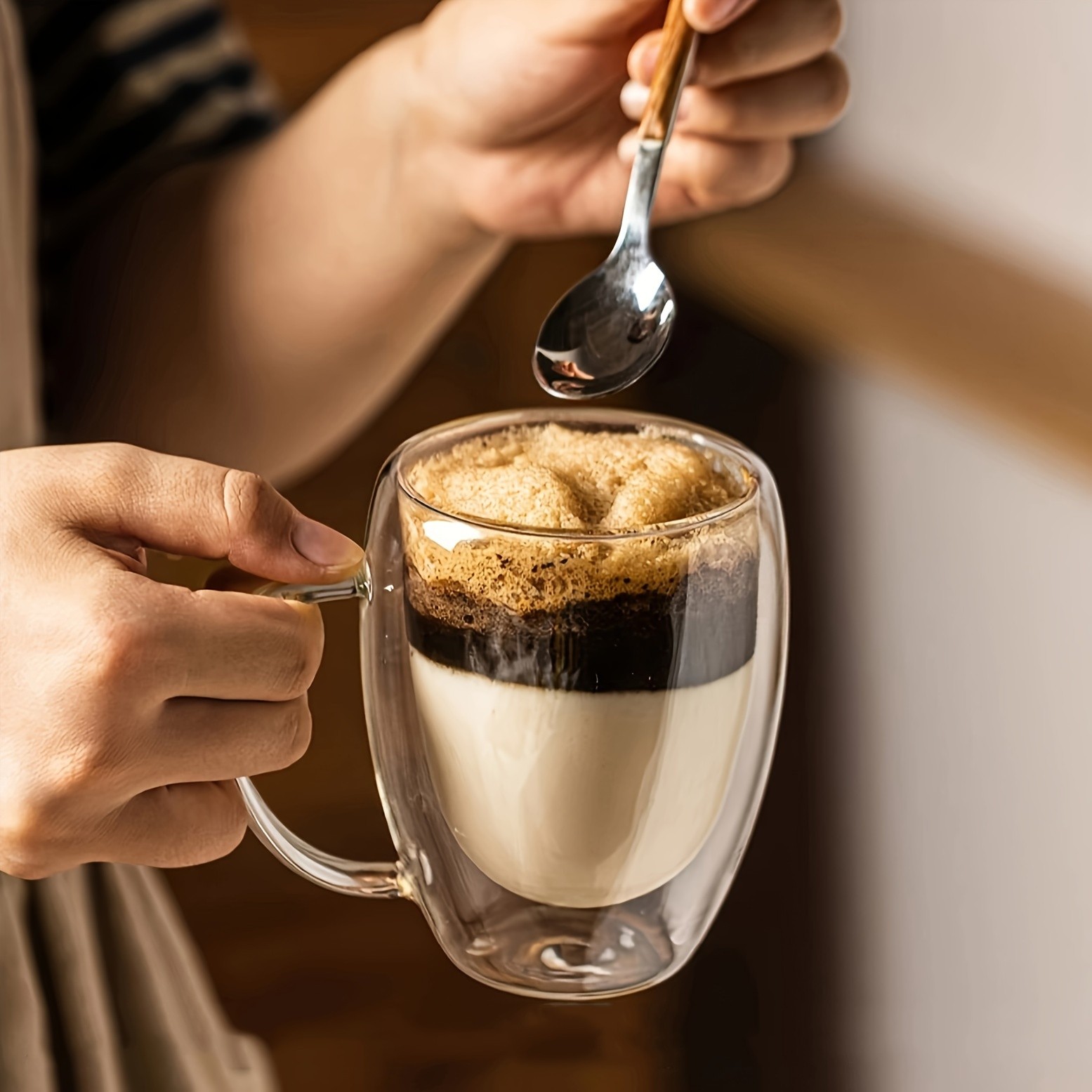 6pcs Double Walled Glass Cups with Spoons – Clear Espresso Coffee Tea Mugs, Insulated Heat-Resistant Beverage Cups, 350ml/12oz, Perfect for Coffee, Tea, Cappuccino & Lattes, Drinkware for Restaurants and Cafes