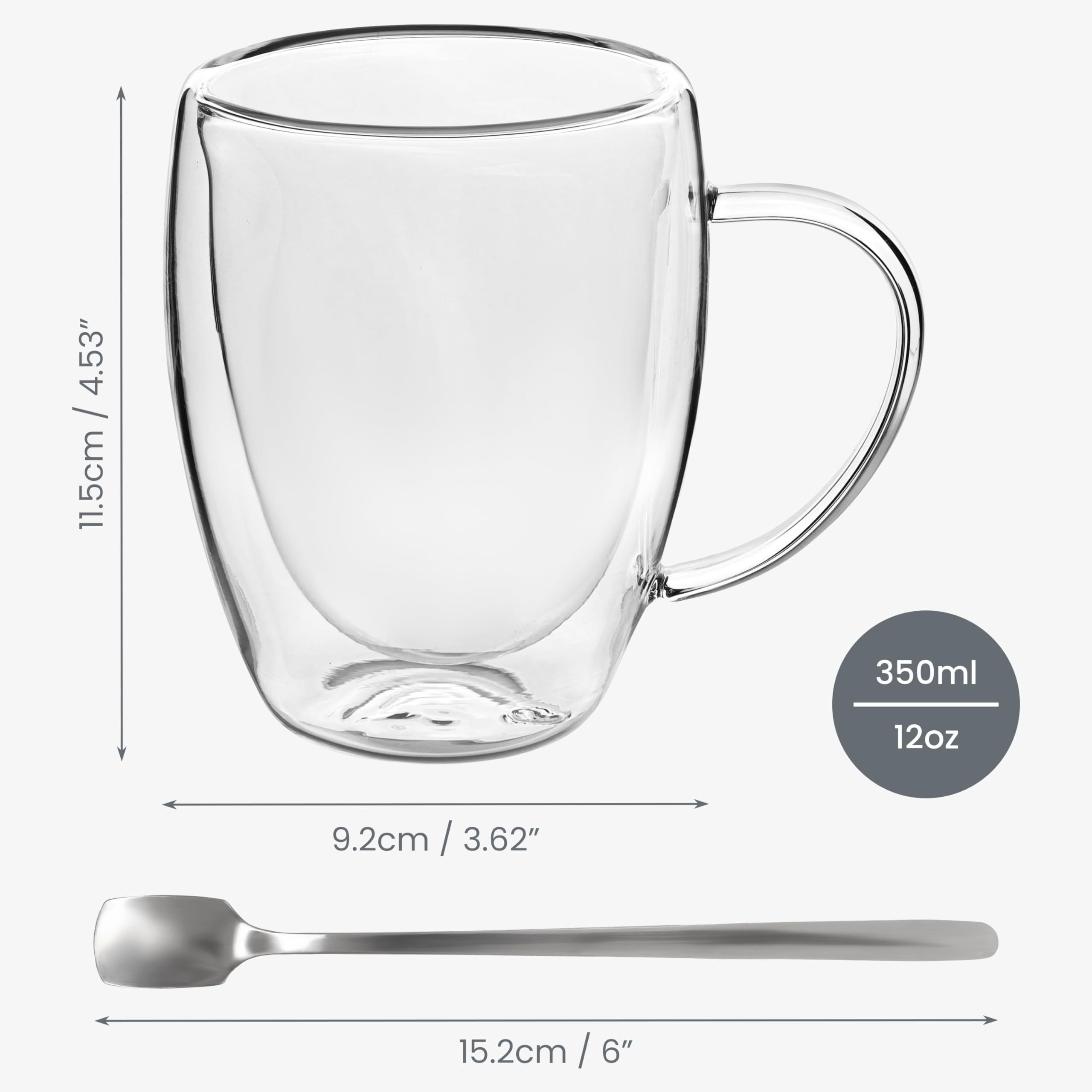 6pcs Double Walled Glass Cups with Spoons – Clear Espresso Coffee Tea Mugs, Insulated Heat-Resistant Beverage Cups, 350ml/12oz, Perfect for Coffee, Tea, Cappuccino & Lattes, Drinkware for Restaurants and Cafes
