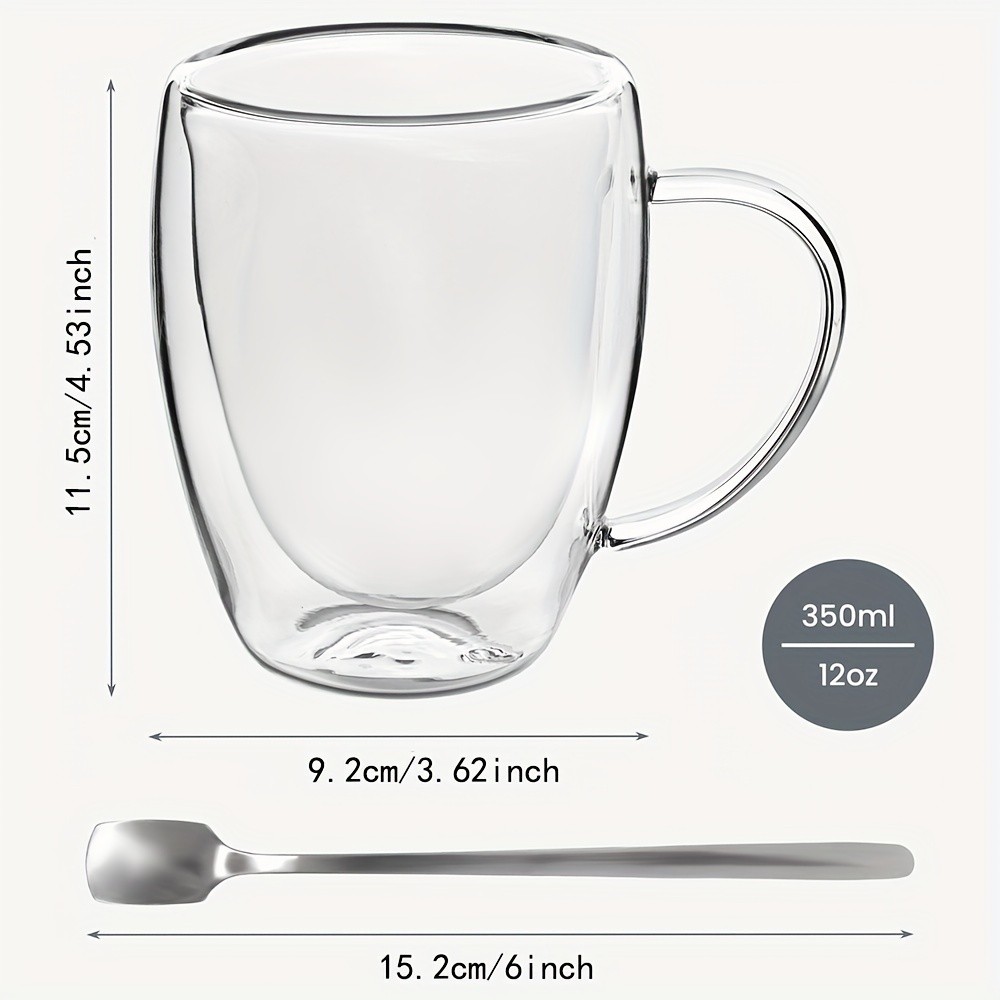 6pcs Double Walled Glass Cups with Spoons – Clear Espresso Coffee Tea Mugs, Insulated Heat-Resistant Beverage Cups, 350ml/12oz, Perfect for Coffee, Tea, Cappuccino & Lattes, Drinkware for Restaurants and Cafes