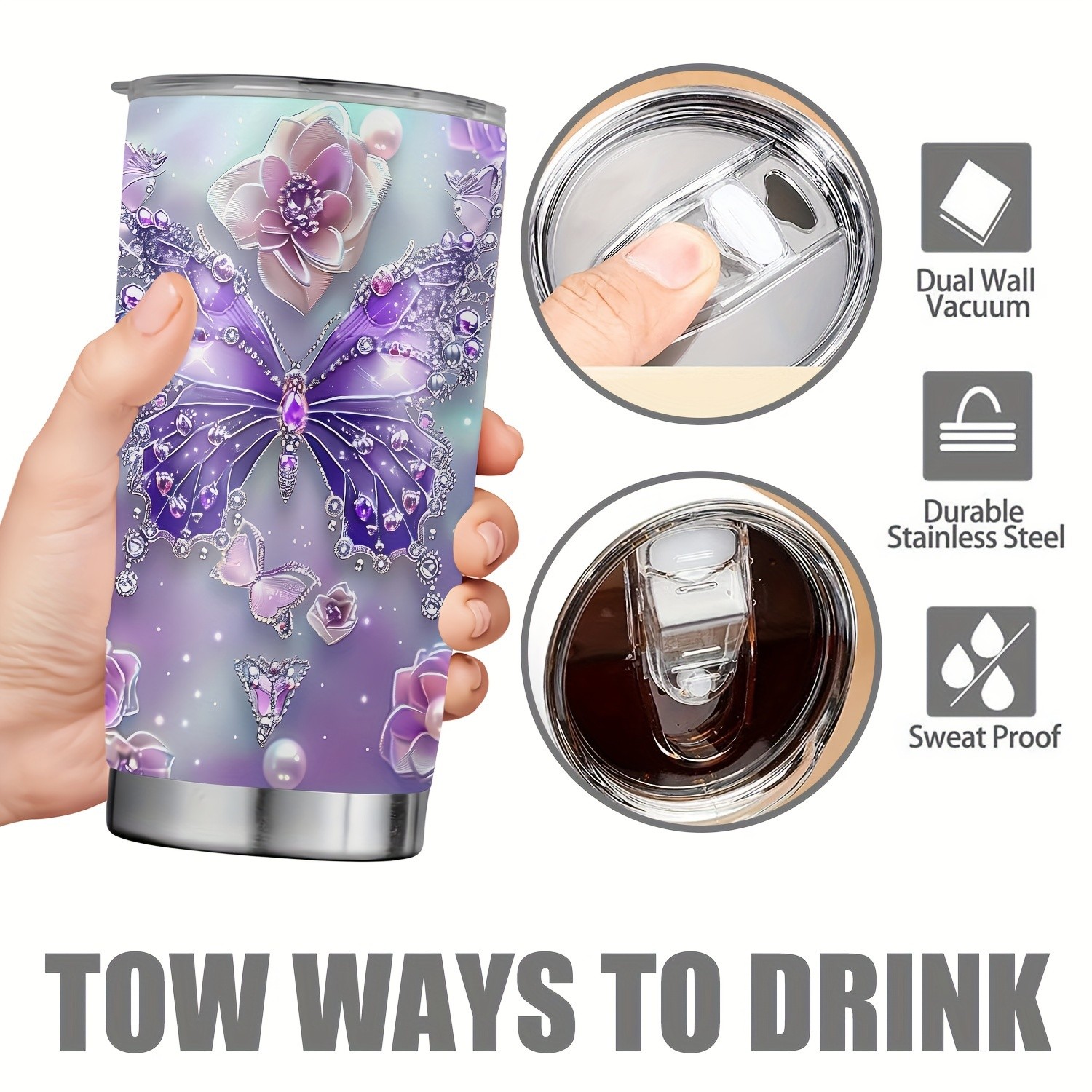 1pc 20oz Tumbler for Cafe – Butterfly Funny Print Mug Tumbler, Travel Tumbler for Wedding and Birthday Gifts for Mom, Coworker, Eid Al-Adha Mubarak