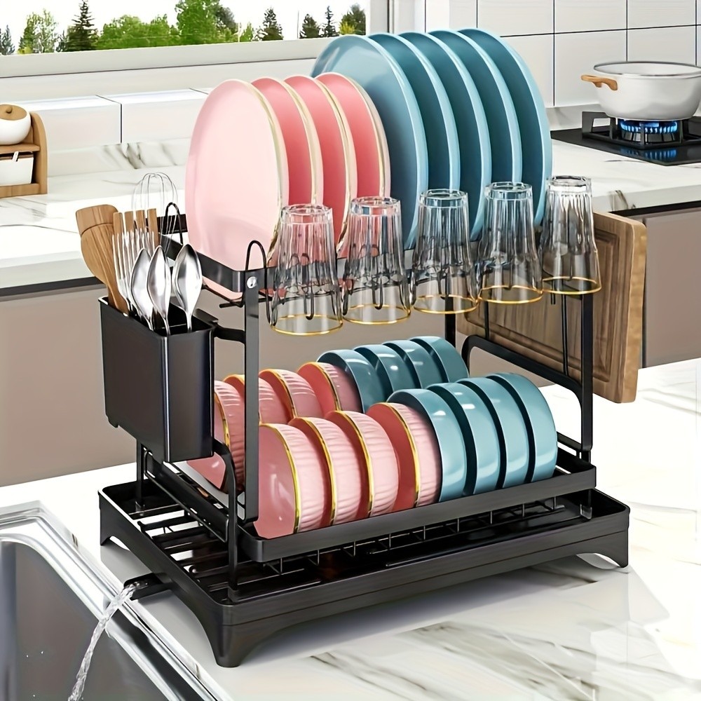 2-Tier Dish Rack with Utensil Holder – Rustproof Kitchen Dish Drying Rack with Drainboard for Kitchen Countertop