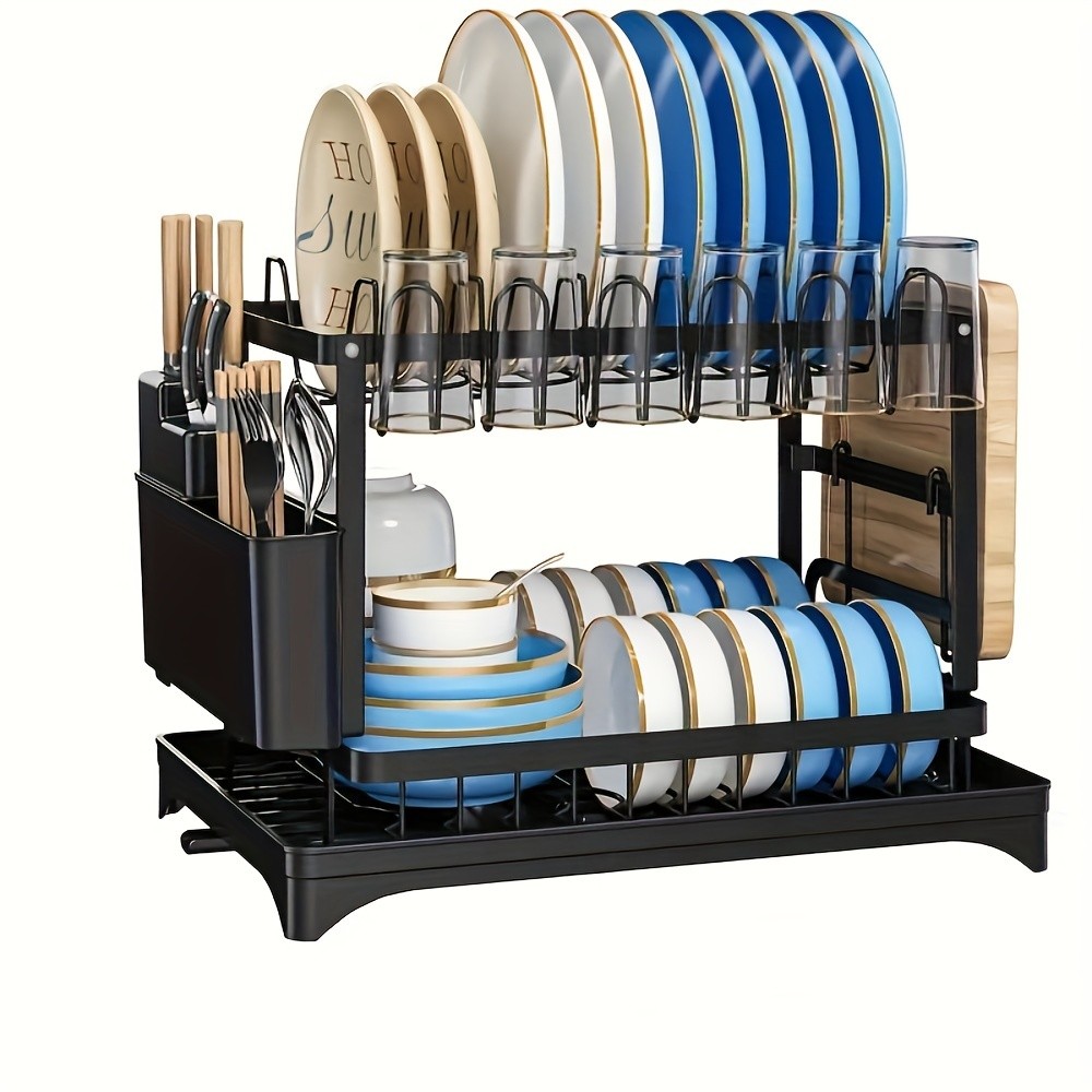 2-Tier Dish Rack with Utensil Holder – Rustproof Kitchen Dish Drying Rack with Drainboard for Kitchen Countertop