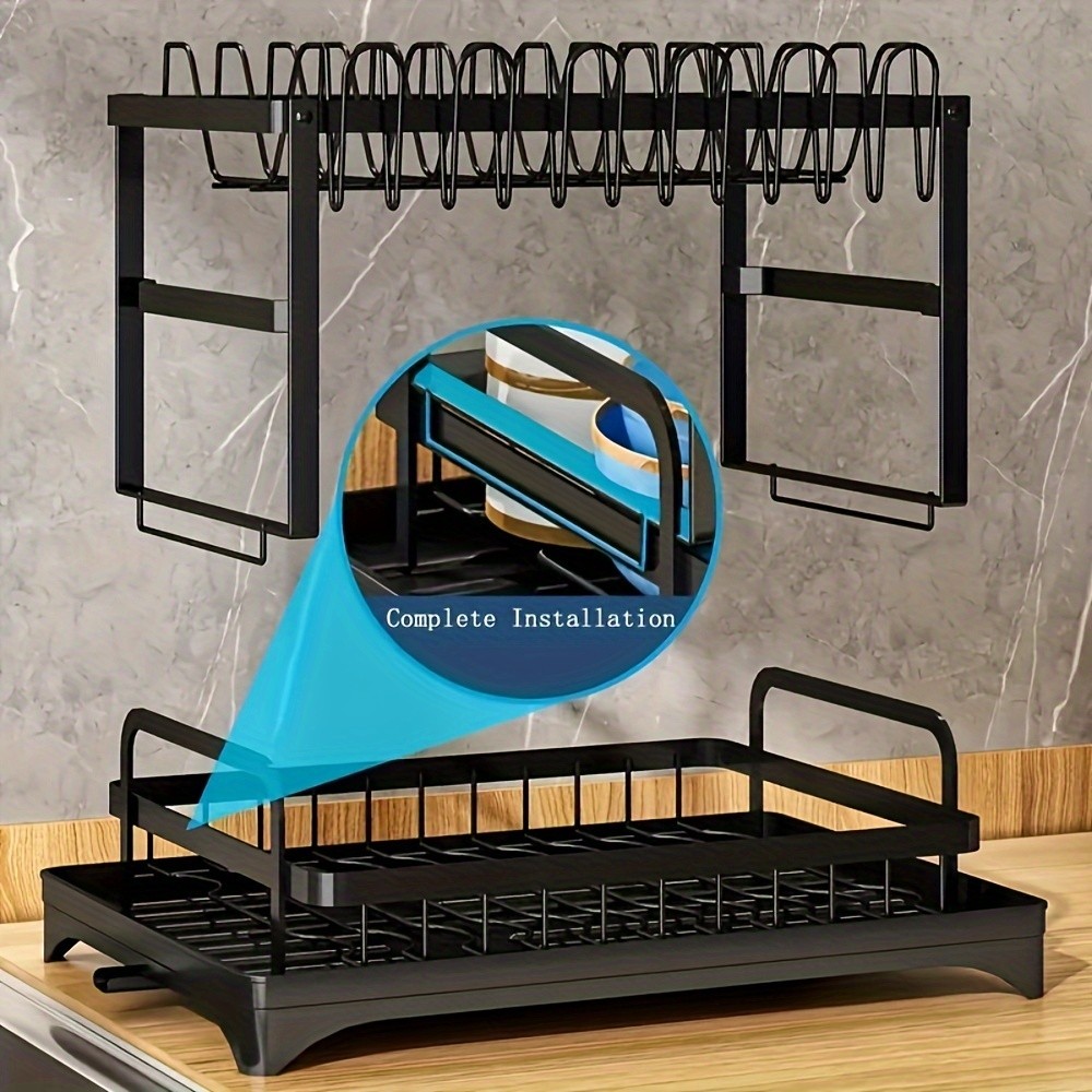 2-Tier Dish Rack with Utensil Holder – Rustproof Kitchen Dish Drying Rack with Drainboard for Kitchen Countertop