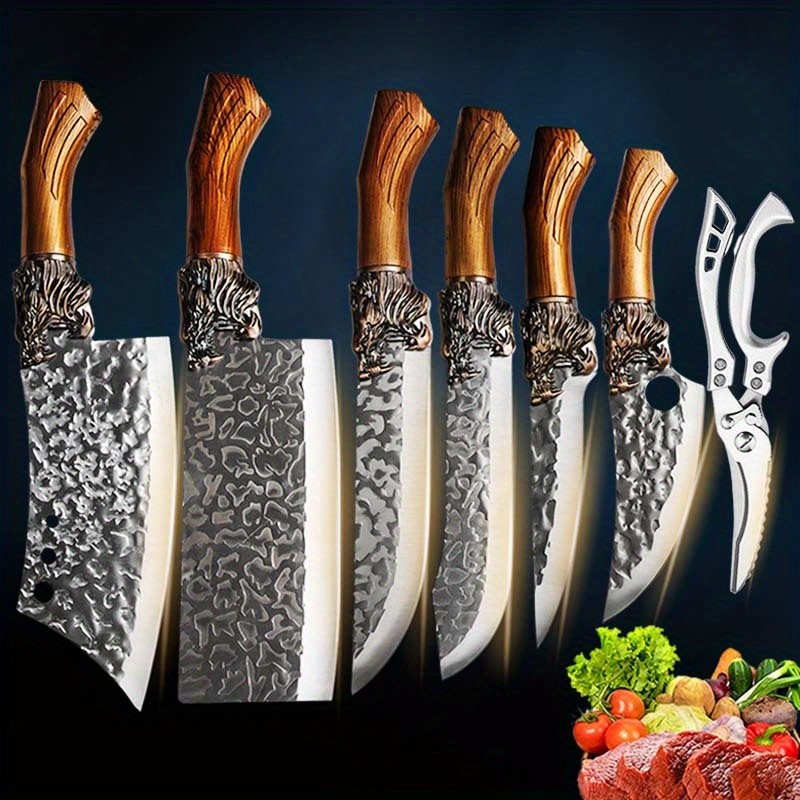 7-Piece Handmade Forged Knife Professional Kitchen Chef Knife Set – Stainless Steel Chef Knife, Utility Knife, Boning Knife, Cutting Knife, Fish Knife, Butcher Knife, Kitchen Scissors