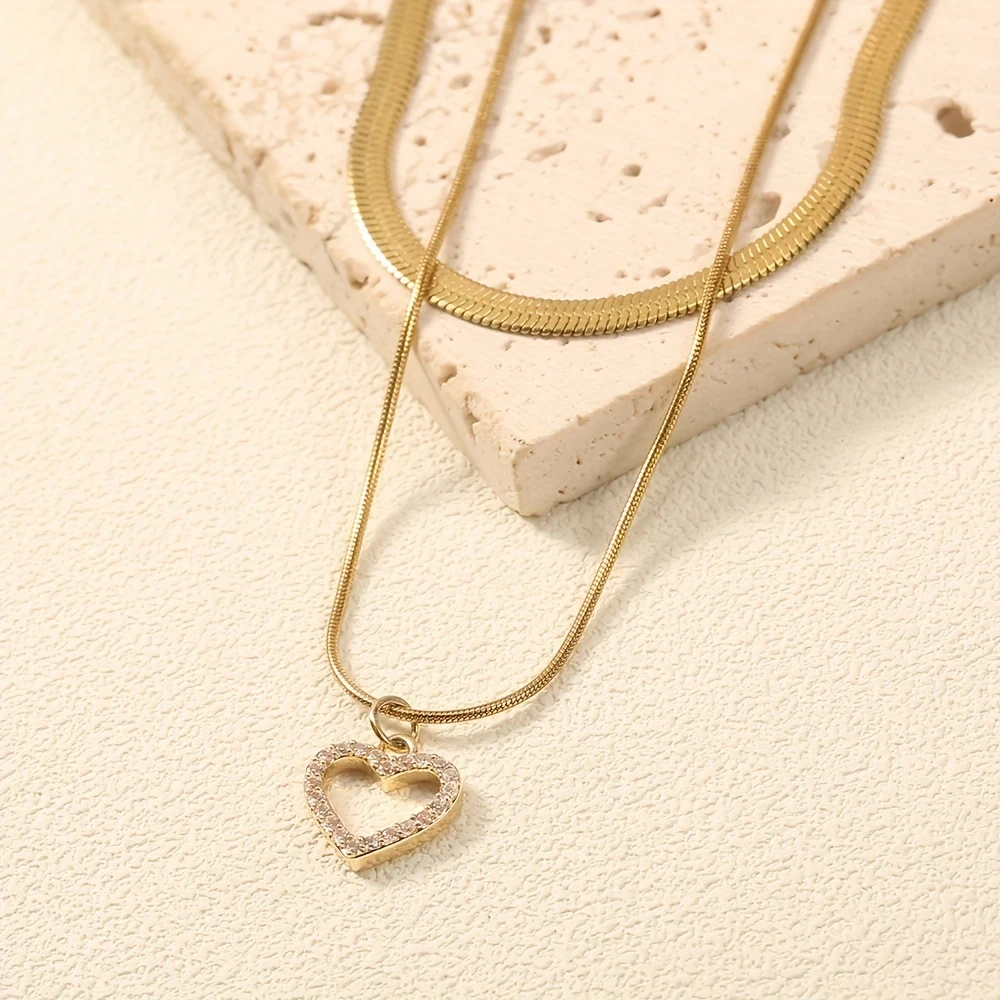 Nooxian 2-Piece Set – Elegant Luxurious Heart Pendant Necklace, 18K Golden Plated, Synthetic Cubic Zirconia, 304 Stainless Steel, Perfect for Valentine's Day