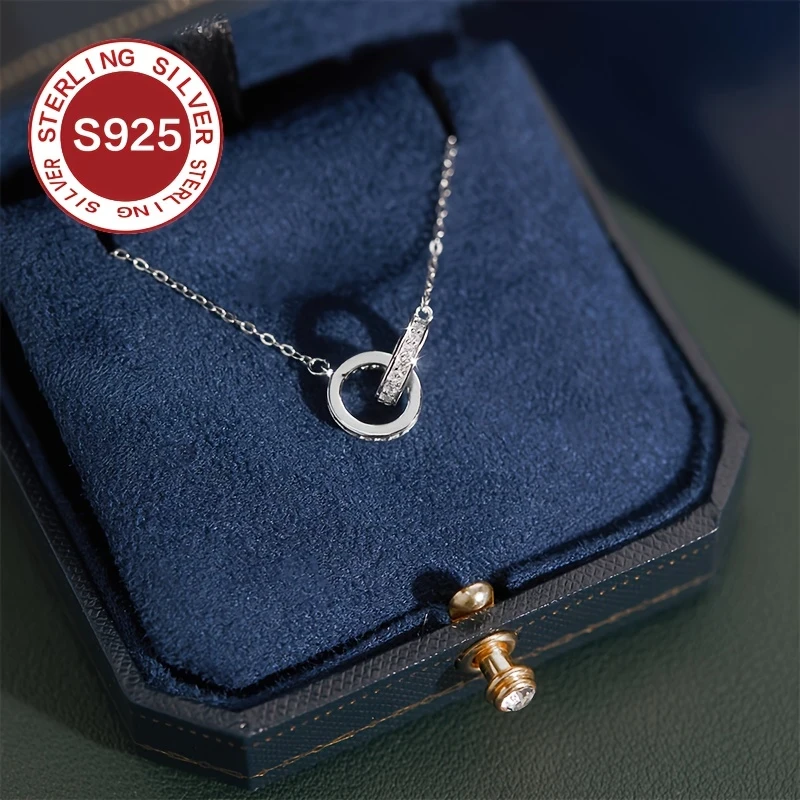 925 Low Allergy Double Ring Necklace – Light Luxury Interlocking Collarbone Chain, Daily Wear Accessory, Suitable for Valentine's Day, Mother's Day, and Exquisite Couple Gifts
