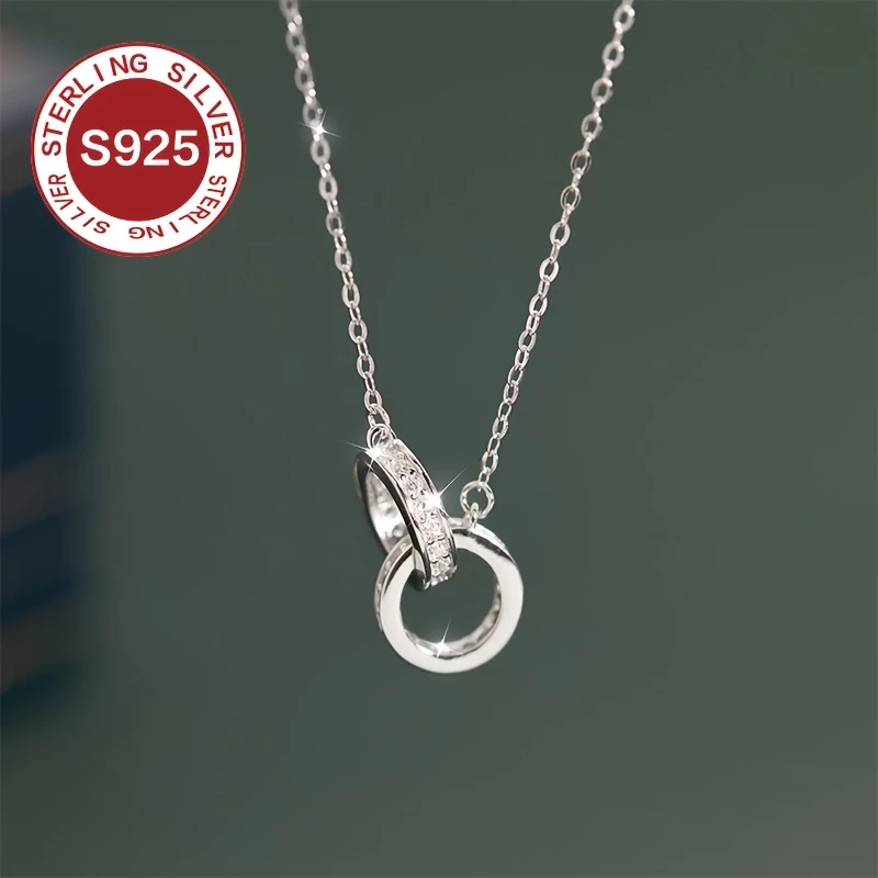 925 Low Allergy Double Ring Necklace – Light Luxury Interlocking Collarbone Chain, Daily Wear Accessory, Suitable for Valentine's Day, Mother's Day, and Exquisite Couple Gifts