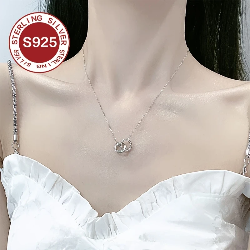 925 Low Allergy Double Ring Necklace – Light Luxury Interlocking Collarbone Chain, Daily Wear Accessory, Suitable for Valentine's Day, Mother's Day, and Exquisite Couple Gifts