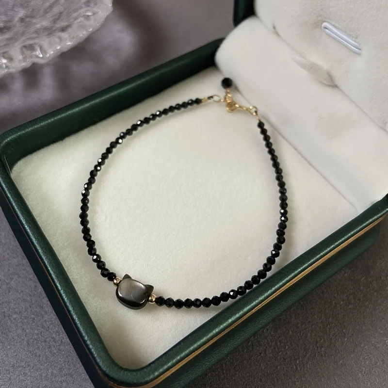 Adjustable Black Cat Charm Bracelet for Women – Cute Boho Style with Spinel Beads, Perfect for Valentine's Day or Birthday Gift, Daily Wear Jewelry