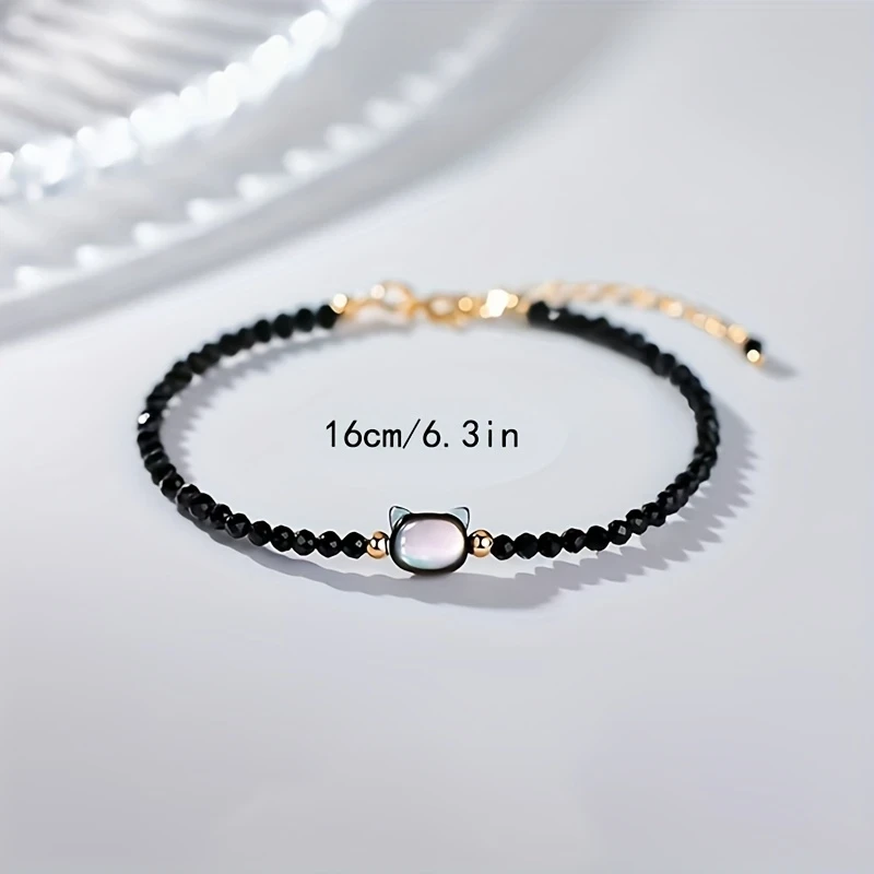 Adjustable Black Cat Charm Bracelet for Women – Cute Boho Style with Spinel Beads, Perfect for Valentine's Day or Birthday Gift, Daily Wear Jewelry