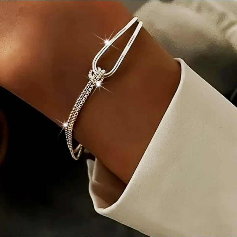Elegant 925 Sterling Silver Half-Moon Bangle Bracelet with Sparkling Stones - Bohemian Style, Perfect Daily Accessory for Women, Ideal Gift for Valentine’s Day and Special Occasions