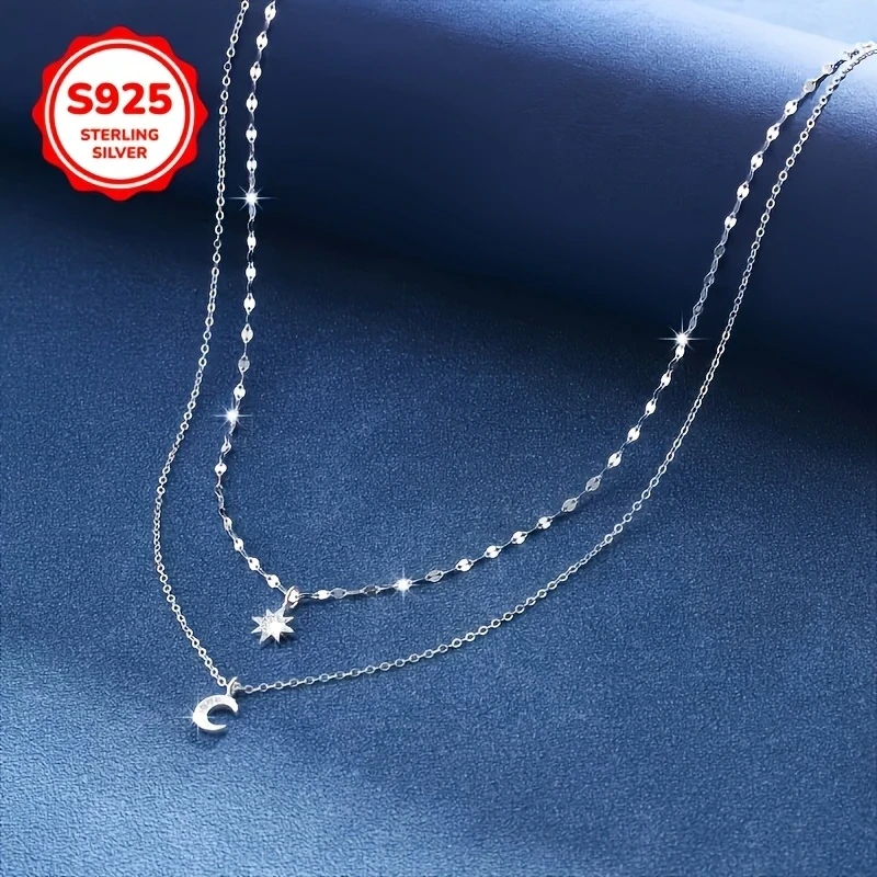 Stylish S925 Pure Silvery Double Layer Necklace – Star and Moon Pendant with Hypoallergenic Synthetic Zirconia, Perfect for Daily Wear and Gift Giving
