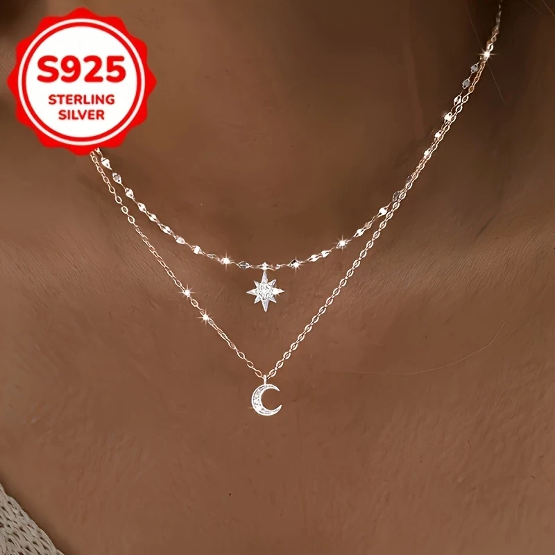 Stylish S925 Pure Silvery Double Layer Necklace – Star and Moon Pendant with Hypoallergenic Synthetic Zirconia, Perfect for Daily Wear and Gift Giving