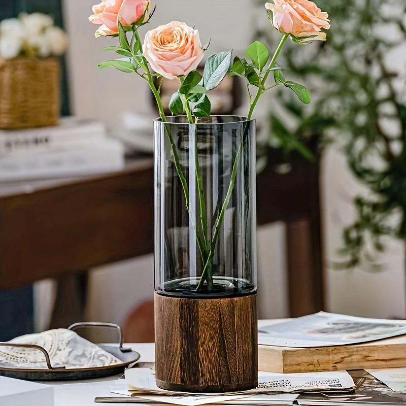 Elegant Modern Glass Vase with Wooden Base – Cylindrical Clear Glass & Natural Wood Finish, Perfect for Living Room & Dining Table Decor, Ideal Gift for Friends and Family