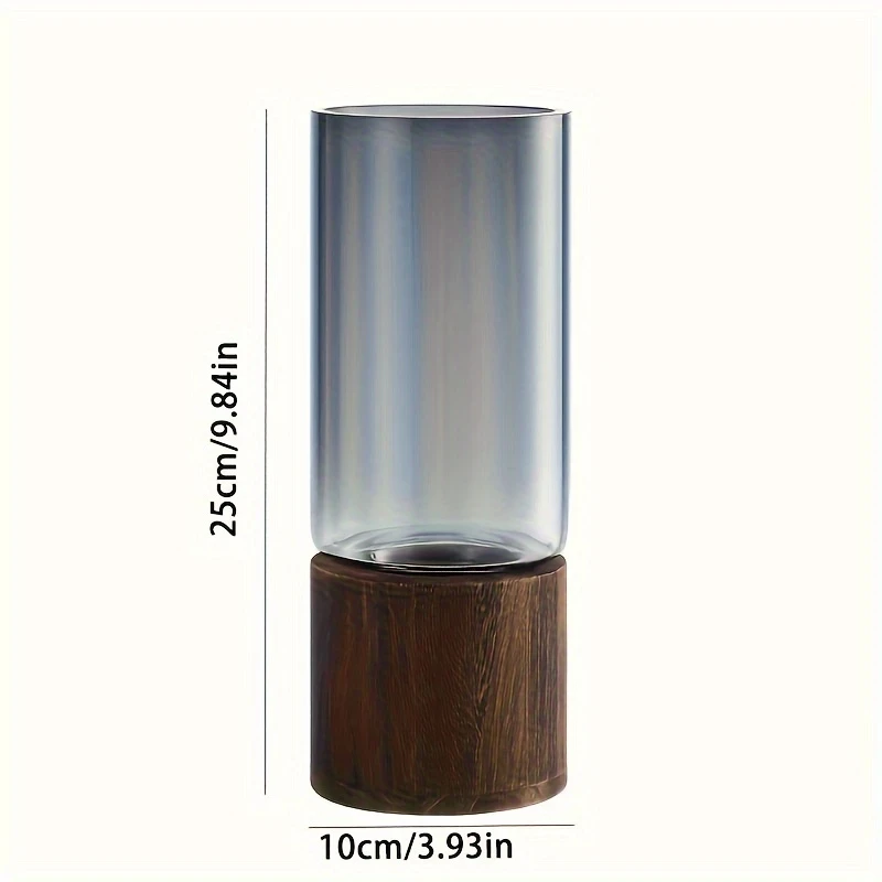 Elegant Modern Glass Vase with Wooden Base – Cylindrical Clear Glass & Natural Wood Finish, Perfect for Living Room & Dining Table Decor, Ideal Gift for Friends and Family