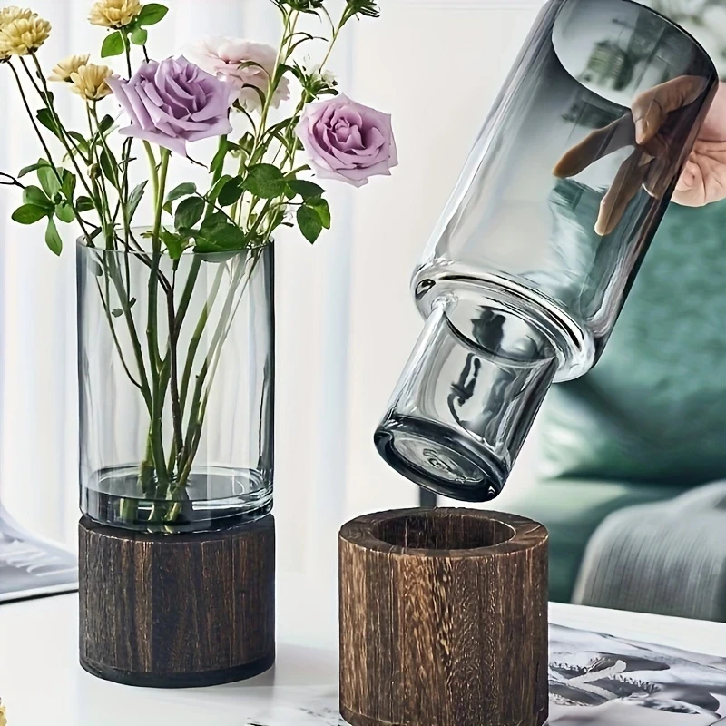 Elegant Modern Glass Vase with Wooden Base – Cylindrical Clear Glass & Natural Wood Finish, Perfect for Living Room & Dining Table Decor, Ideal Gift for Friends and Family