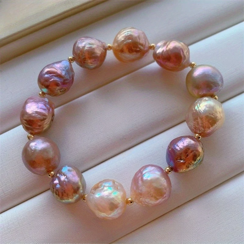 Natural Freshwater Edison Pearls Bracelet – Hand-Selected Iridescent Candy-Colored 9-12mm Round Freshwater Pearls with Golden-Tone Spacers, Luxury Jewelry for Casual Attire & Gifts