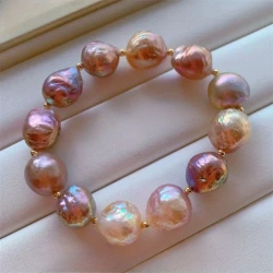 Natural Freshwater Edison Pearls Bracelet – Hand-Selected Iridescent Candy-Colored 9-12mm Round Freshwater Pearls with Golden-Tone Spacers, Luxury Jewelry for Casual Attire & Gifts