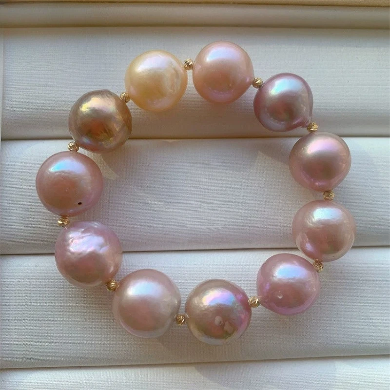 Natural Freshwater Edison Pearls Bracelet – Hand-Selected Iridescent Candy-Colored 9-12mm Round Freshwater Pearls with Golden-Tone Spacers, Luxury Jewelry for Casual Attire & Gifts