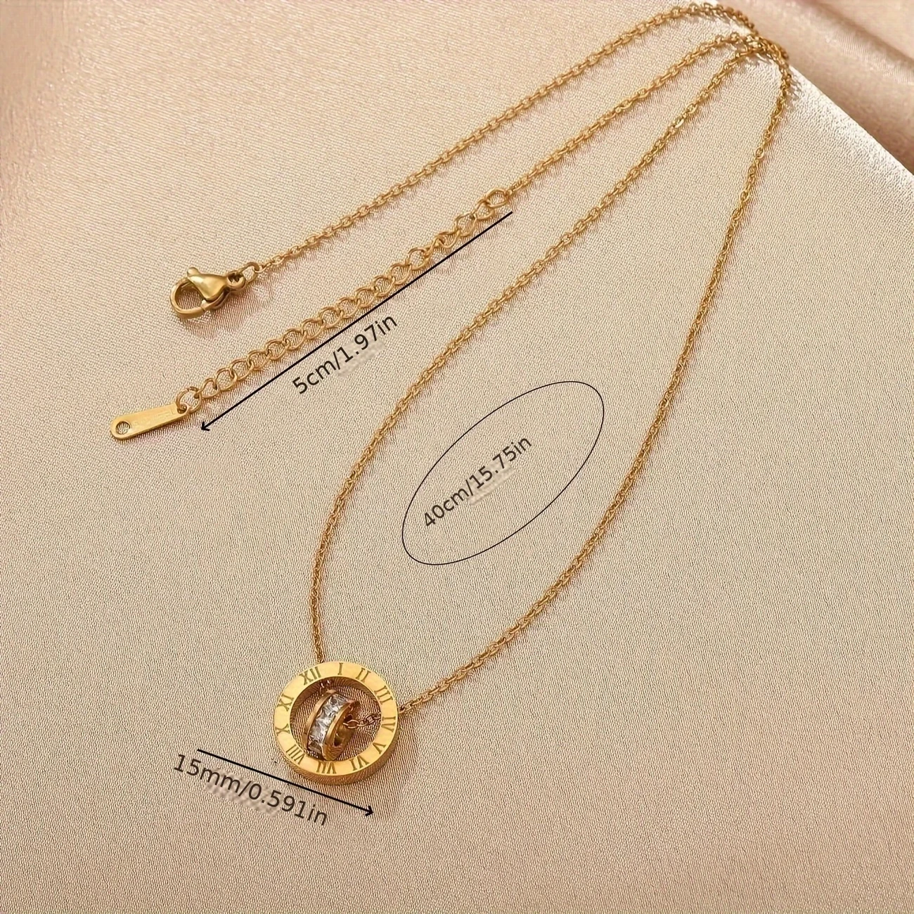 Elegant Golden-Tone Stainless Steel Roman Numeral Pendant Necklace with Sparkling Rhinestone Accents – Perfect for Couples, Daily Wear & Special Occasions